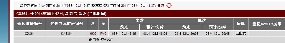 从香港到达上海港龙航空CX364航班何时到达上海市