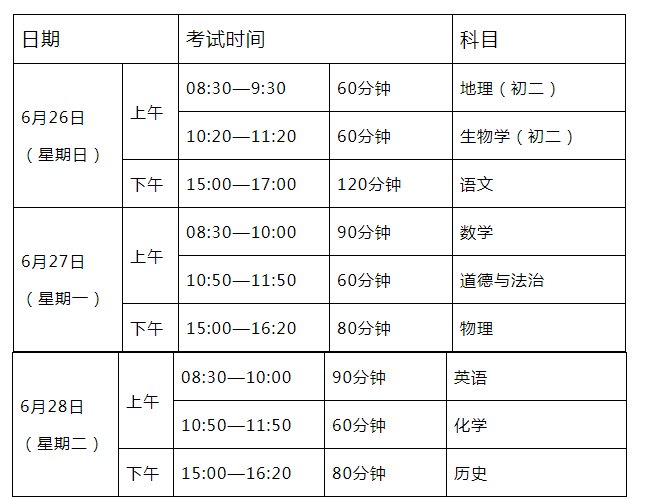 广东中考时间表安排2022
