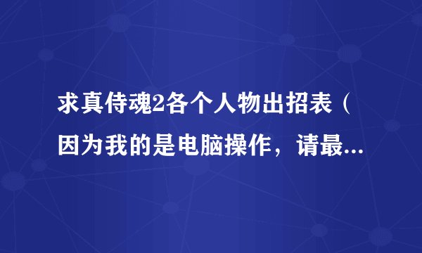 求真侍魂2各个人物出招表（因为我的是电脑操作，请最好用“前.后.上.下.斩.脚”等来表示```谢谢！！