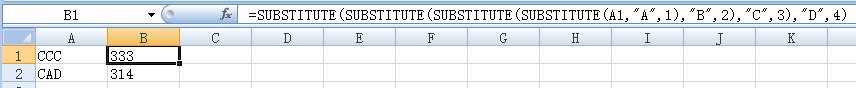在Excel中如何让数字ABCD对应1234，然后输入CCC就显示为333，输入cad就显示为314