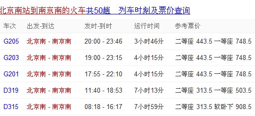 北京西到南京火车票价及时刻表