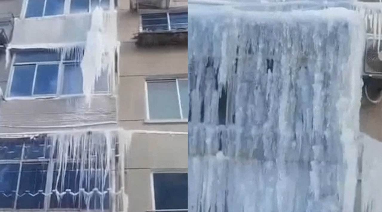 辽宁一楼房漏水，楼道直接被冰封变冰帘洞，当地的天气究竟有多冷？