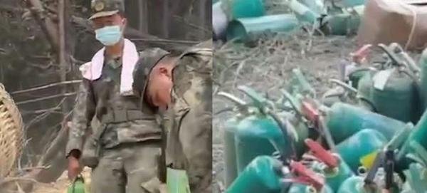 重庆山火后灭火器堆成小山