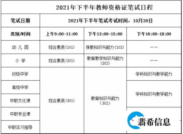 2021下半年教资考试时间安排