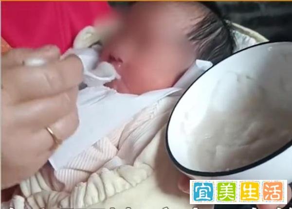 婆婆给出生9天宝宝喂米糊