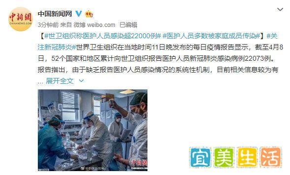世卫组织称医护人员感染超22000例，医护人员多数被家庭成员传染