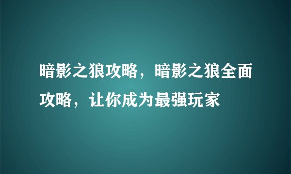 暗影之狼攻略，暗影之狼全面攻略，让你成为最强玩家